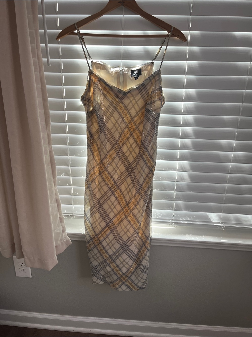 W by Worth Yellow & Gray Plaid Satin Slip Dress